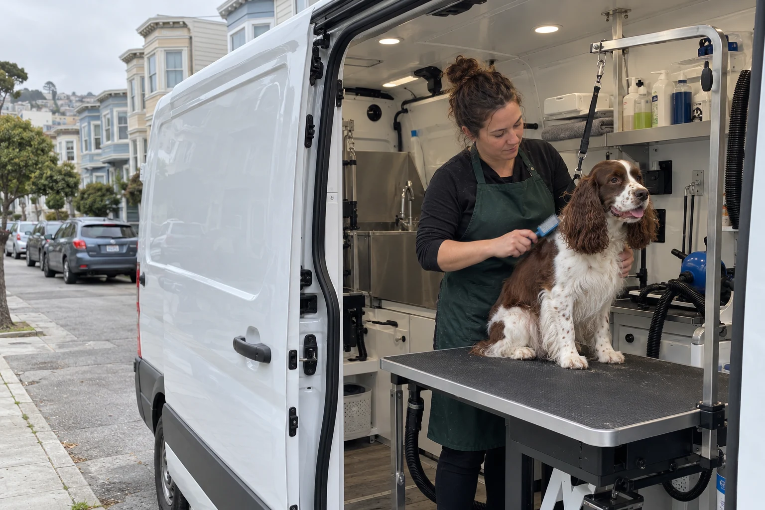 A groomer working with a spaniel inside a mobile grooming van on an SF street
